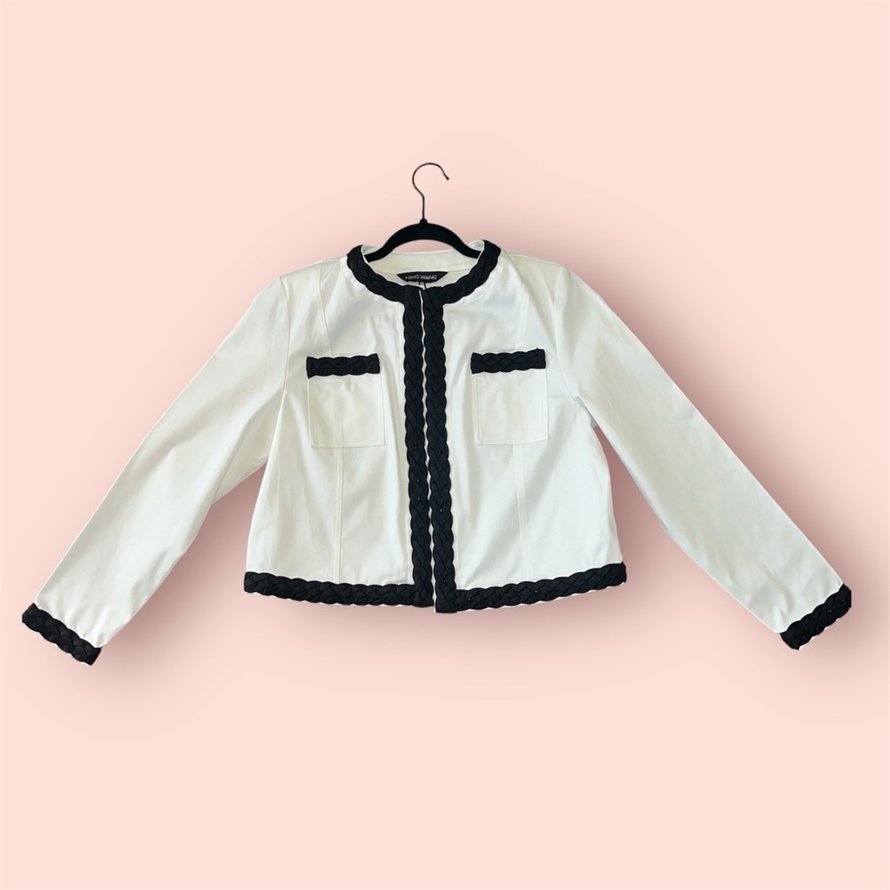 Ming Wang Braided Cotton-Blend Crop Jacket White With Braided Trim Size XS